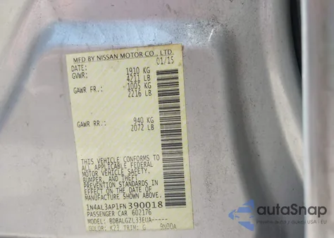 2015 Nissan Altima 2.5/2.5 S/2.5 Sl/2.5 Sv из США, поврежденный, VIN 1N4AL3AP1FN390018